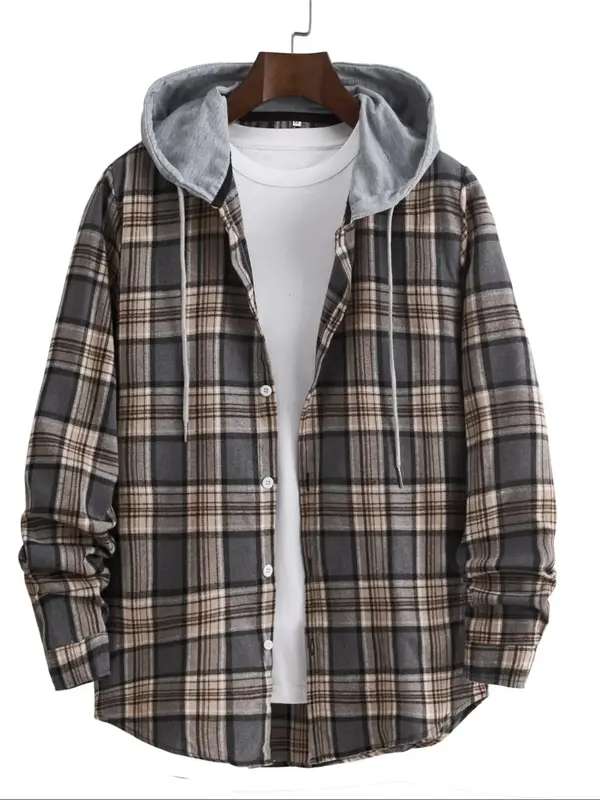 Men's New Trendy Regular Fit Plaid Print Button Front Drawstring Hooded Shirt, Menswear, Casual Long Sleeves Shirt Without In...