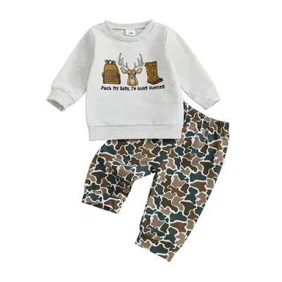Toddler Baby Boy Winter Fall Outfit Reindeer Letter Print Long Sleeve Sweatshirt Elastic Waist Camo Pants 2 Piece Set