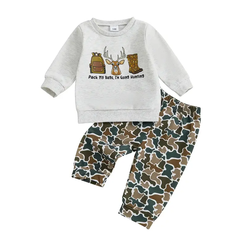 Toddler Baby Boy Winter Fall Outfit Reindeer Letter Print Long Sleeve Sweatshirt Elastic Waist Camo Pants 2 Piece Set