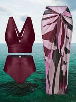 【Plus Size】 Women's Bikini Set, Casual Plain Swim Bra & High Waist Swim Bottom & Cover Up Skirt Set, Women's Swimsuit for...
