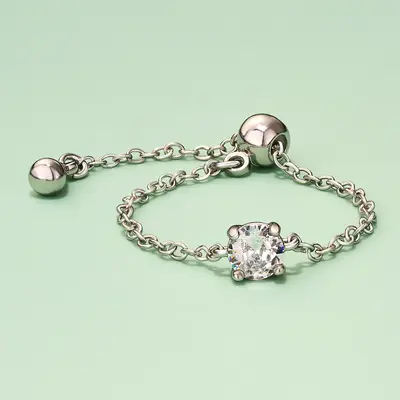 Oval/Rectangle/Heart CZ Adjustable Chain Ring - Silver / Round