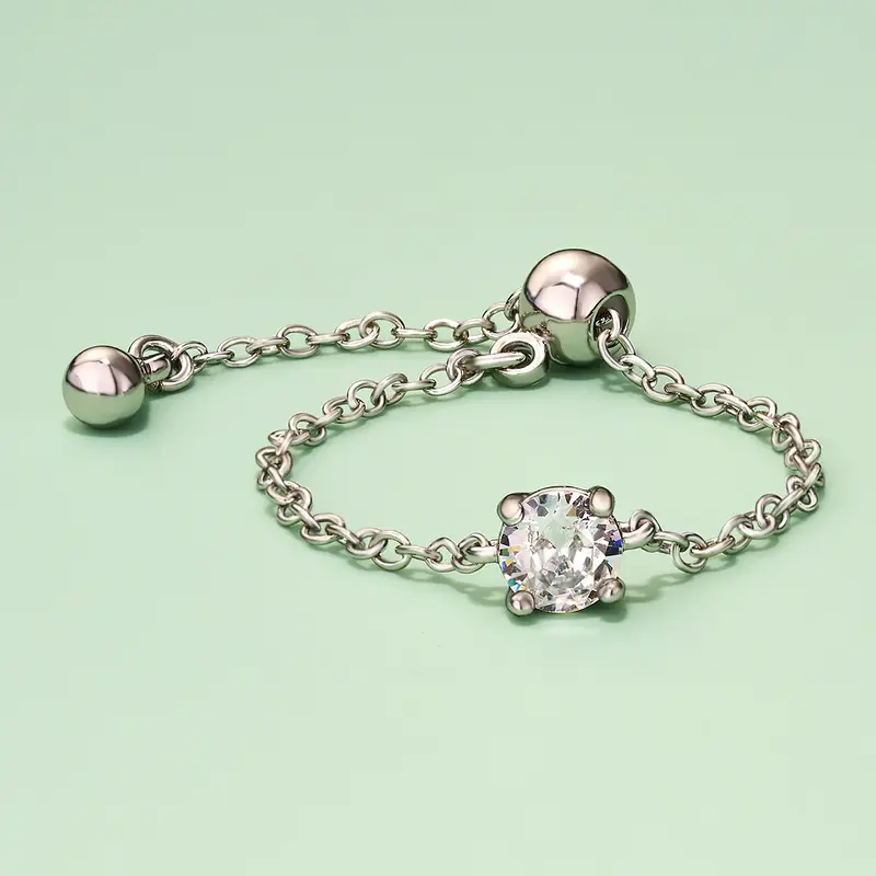 Oval/Rectangle/Heart CZ Adjustable Chain Ring - Silver / Round