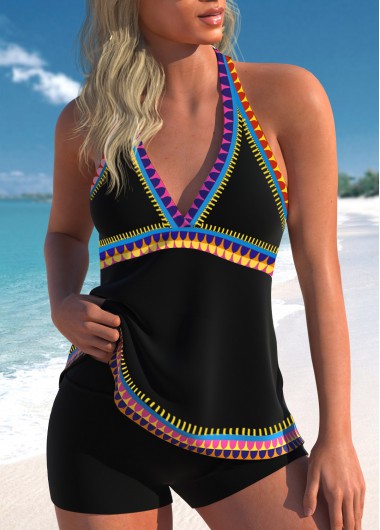 Modlily Patchwork Tribal Print Black Tankini Top - S