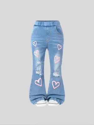 Girl's Heart Pattern Ripped Flare Leg Jeans, Cute Comfy Elastic Waist Pocket Denim Trousers for Daily Wear, Kids Bottoms for ...