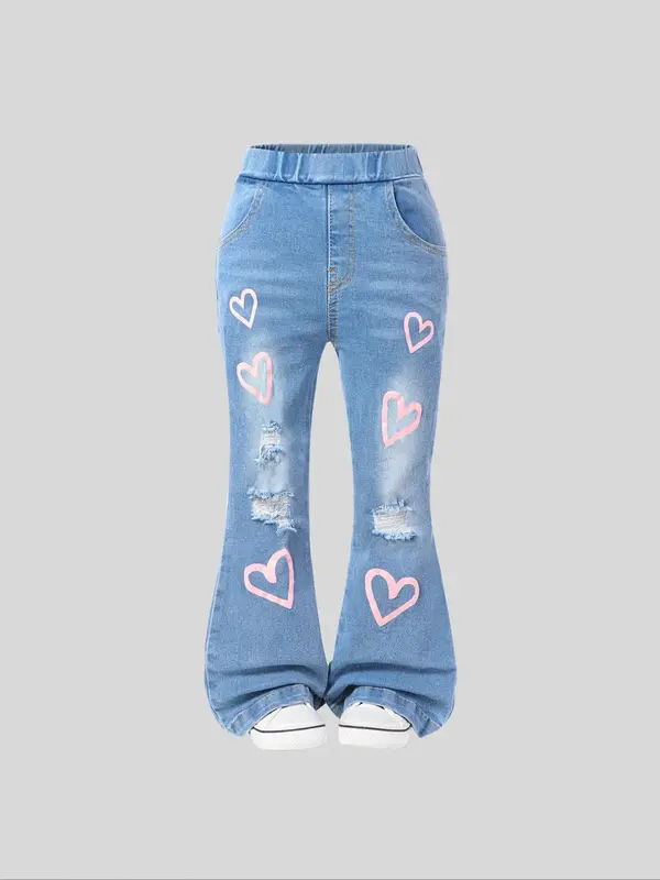 Girl's Heart Pattern Ripped Flare Leg Jeans, Cute Comfy Elastic Waist Pocket Denim Trousers for Daily Wear, Kids Bottoms for ...