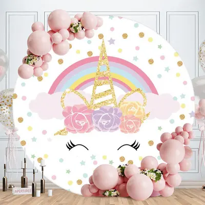 Aperturee Pink Floral Unicorn Gold Glitter Rainbow Round Backdrops for Girl