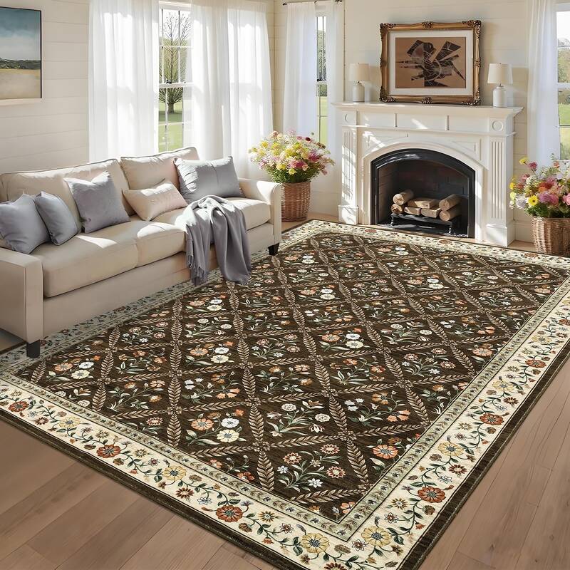 Garvee Floral Area Rug 9x12 Soft Washable Faux Wool Non-Slip Low Pile Polyester for Living Room Bedroom Office
