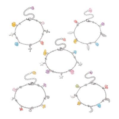 Synthetic Crackle Quartz Chips & 304 Stainless Steel Charm Bracelet for Women