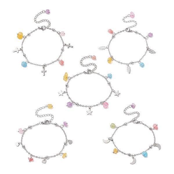 Synthetic Crackle Quartz Chips & 304 Stainless Steel Charm Bracelet for Women