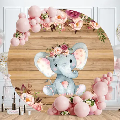Aperturee Floral Elephant Round Wood Baby Shower Backdrop