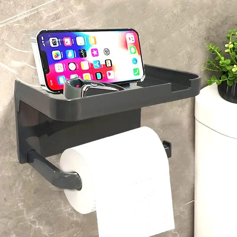 Wall Mounted Toilet Paper Holder & Phone Holder, 1 Count Punch-free Sticky Hook, Multifunctional Storage Rack For Bathroom
