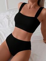 Two-piece Set Women's Solid Wide Strap Bikini Set, Casual Comfy Breathable Swim Bra & Swim Panty, Ladies Swimsuit for All Sea...