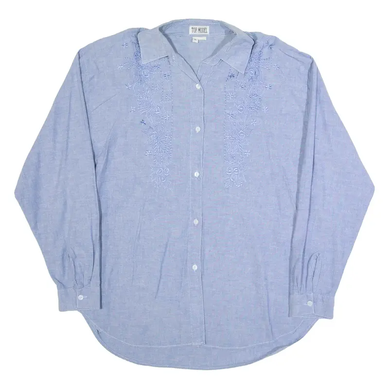 TOP MODEL Shoulder Padded Womens Shirt Blouse Blue Button Neck Floral XL