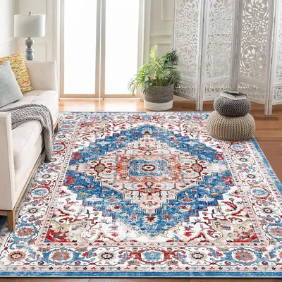 Garvee Ultra Soft Non-Slip Vintage Boho Medallion Area Rug – Machine Washable, Mark Resistant Low Pile Carpet, For Living R...