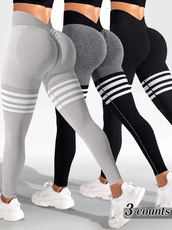 Sporty Women's Striped Print Ruched V-Waist Back Sports Leggings, High Stretch Seamless Yoga Leggings, Ladies Sportswear for ...