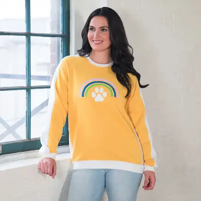 Rainbow & Paw Color-Block Crewneck Sweatshirt - Yellow - 2X