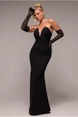 Goddiva Strapless Super Plunge Diamante Neck Maxi Dress - Black