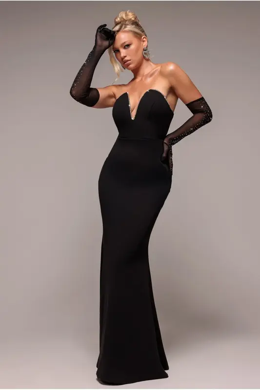 Goddiva Strapless Super Plunge Diamante Neck Maxi Dress - Black