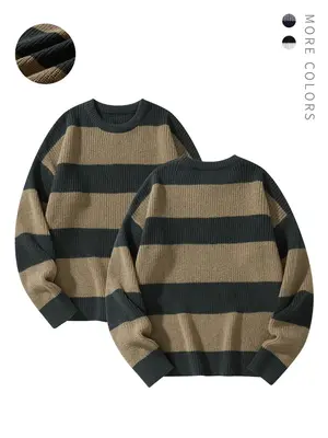 Men's Striped Print Round Neck Sweater, Regular Fit Long Sleeve Jumper for Fall & Winter, Men's Knit Pullover for Daily Wear...