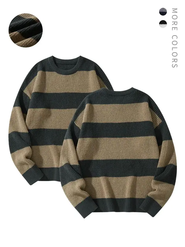 Men's Striped Print Round Neck Sweater, Regular Fit Long Sleeve Jumper for Fall & Winter, Men's Knit Pullover for Daily Wear...