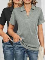 Women's Solid Color Polo Shirt, Casual Fitted Short Sleeve Collared Top for Daily Wear, Ladies Clothes for All Seasons, Cute ...