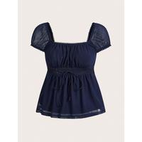 Summer Square Neck Knot Front Folds Peplum Navy Bow Rope Tee