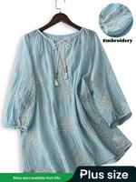 【Plus Size】 Floral Print Tie Neck Blouse, Boho Casual Bishop Sleeve Top for Daily Holiday Vacation Wear, Women Plus Cloth...