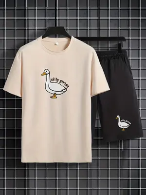 Men's Cartoon Duck & Letter Print Drawstring Two-Piece Set, Regular Fit Trendy Short Sleeve T-shirt & Pocket Shorts, Summer ...