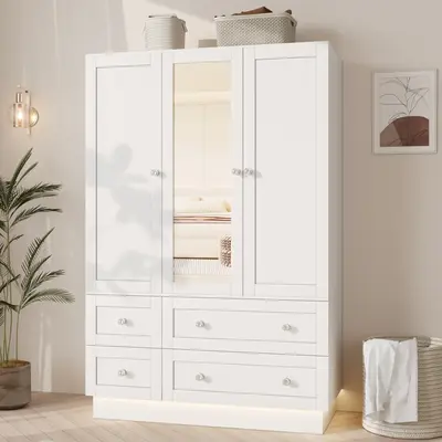 【2 Packages Delivery】VOWNER Bedroom Wardrobe with 3 Doors and 4 Drawers, Mirror, RGB Lights, Hanging Rod, Bedroom, Living...