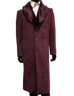 Mens Wool Cashmere Fur Collar Full Length Overcoat