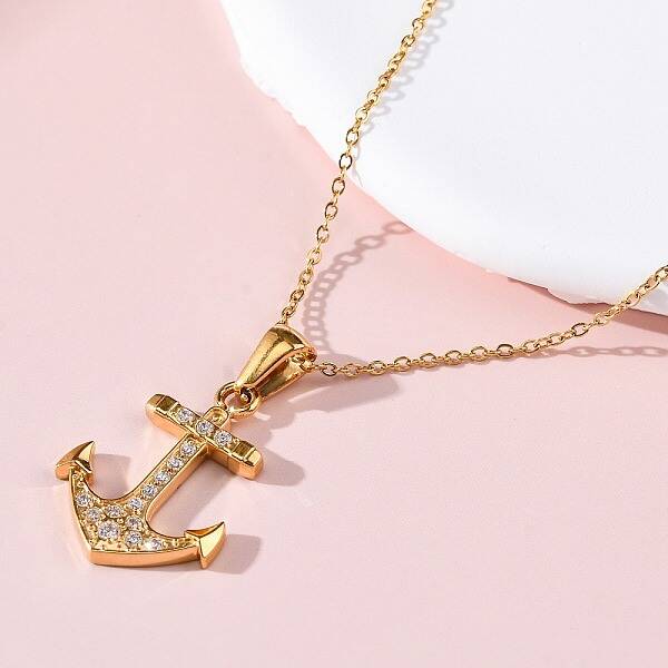 304 Stainless Steel Crystal Rhinestone Anchor Pendant Necklaces