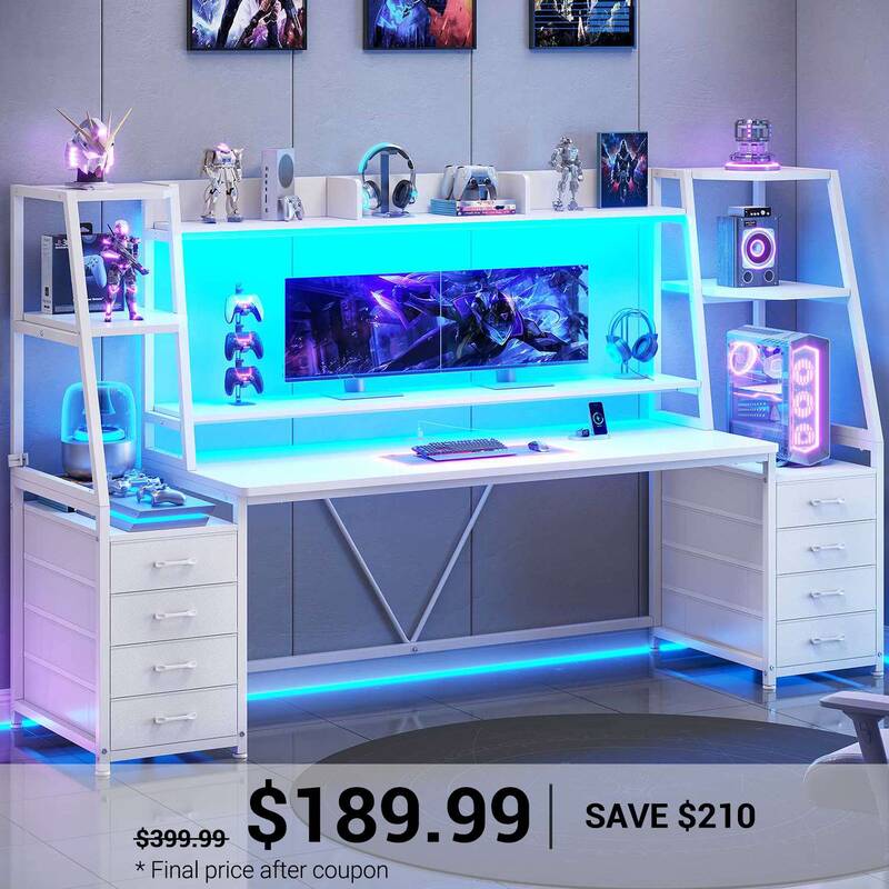 SEDETA ® 78.7 Inch Gaming Desk with LED Lights 8 Drawers and Storage Shelves Computer Desk with Monitor Stand Hutch Large PC...