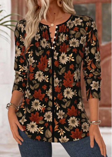 Modlily Black Tummy Coverage Floral Print Long Sleeve Blouse - XXL
