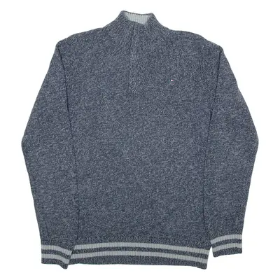 TOMMY HILFIGER Boys Patterned Jumper Blue 1/4 Zip Chunky Knit XL