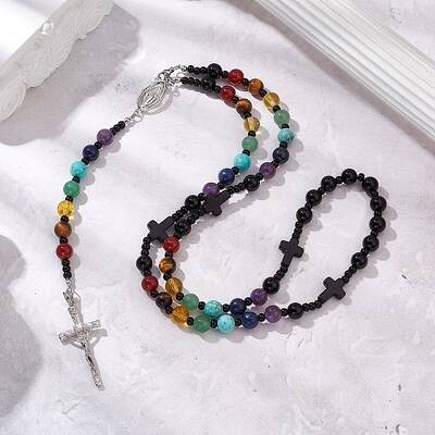 Gemstone Chakra Cross Pendant Rosary Bead Necklaces for Women