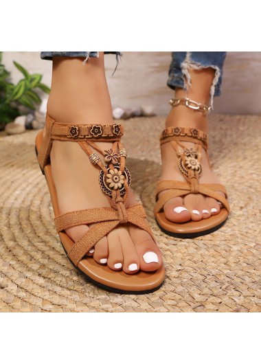 Modlily Dark Camel Peep Toe Falt Sandals - 36