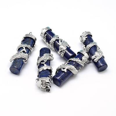 Column with Dragon Platinum Plated Brass Dyed Natural Lapis Lazuli Pendants
