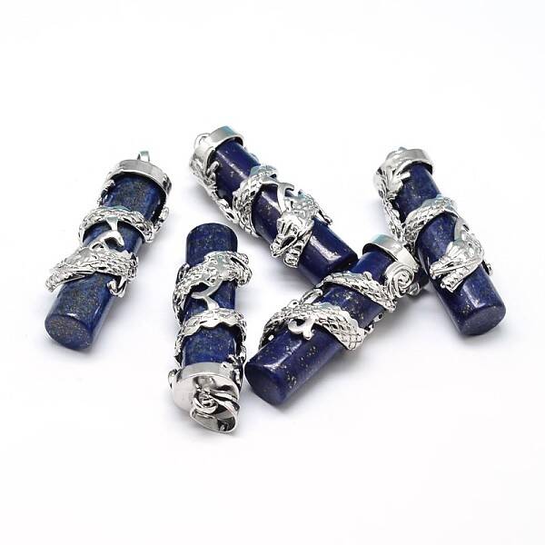 Column with Dragon Platinum Plated Brass Dyed Natural Lapis Lazuli Pendants