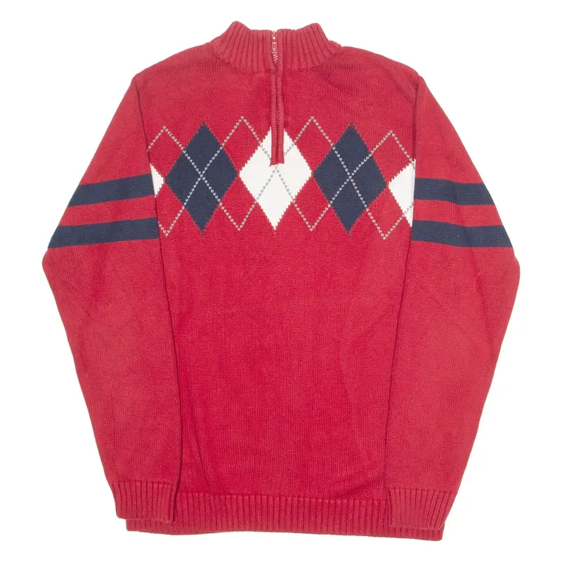 TOMMY HILFIGER Boys Jumper Red Argyle 1/4 Zip Tight Knit L