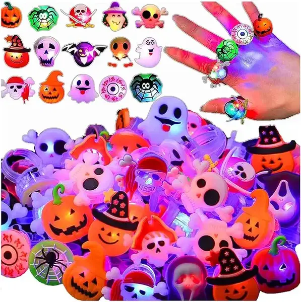 Halloween 50Pcs LED glowing ring, 18 different shapes, gift bag filler, can shine in the dark, suitable for Halloween parties...