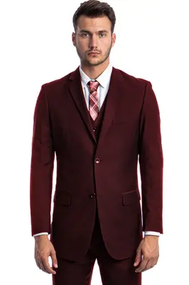 Burgundy Men's Two Button Wedding & Business Suit with Vest