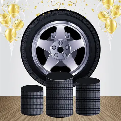 Car Tire Pattern Round Happy Birthday Backdrop Kit - Aperturee