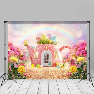 Pink Teapot House Rainbow Floral Spring Backdrop - Aperturee