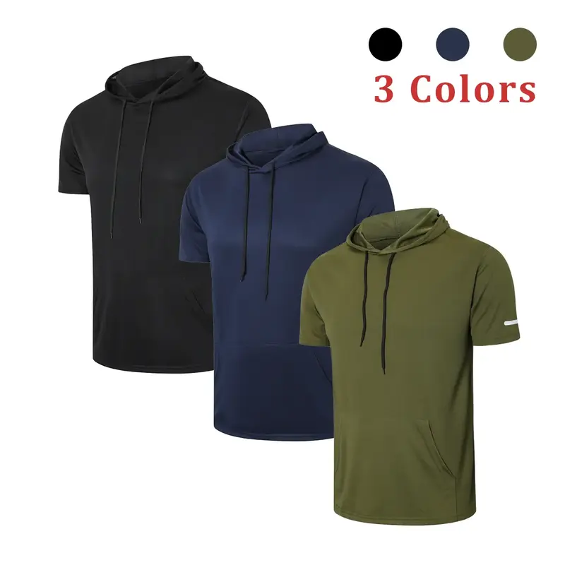 Men's 3-Pack Workout Shirts Moisture Wicking Short Sleeve Mesh Athletic T-Shirts with Hoods Sports Breathable Outfits Sports ...