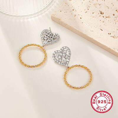 Two Tone Platinum & Golden 925 Sterling Silver Dangle Stud Earrings
