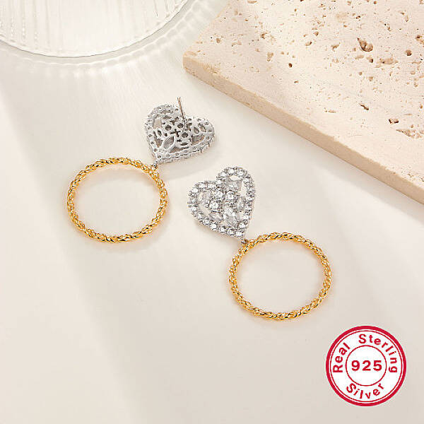 Two Tone Platinum & Golden 925 Sterling Silver Dangle Stud Earrings