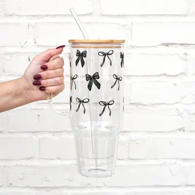 Sip-Sip Hooray! 40oz Vintage Black Bows Glass Tumbler – Goth Coquette Aesthetic Cup with Lid & Straw, Soft Girl Iced Coffee...
