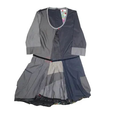 DESIGUAL Handcrafted Puffball Day Dress Blue Patchwork 3/4 Sleeve Knee Length Womens UK 18