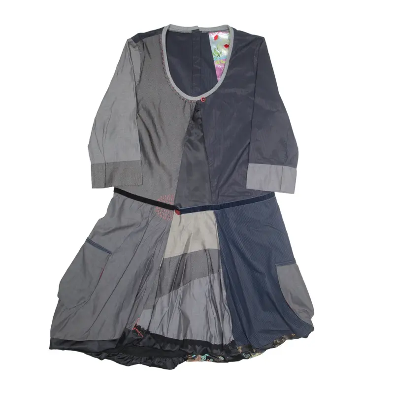 DESIGUAL Handcrafted Puffball Day Dress Blue Patchwork 3/4 Sleeve Knee Length Womens UK 18