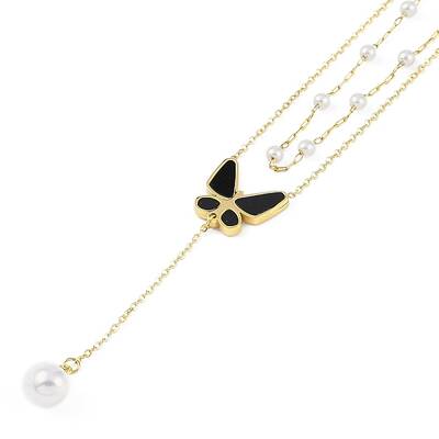 Ion Plating(IP) Golden Tone 304 Stainless Steel Double Layer Butterfly Pendant Necklaces for Women